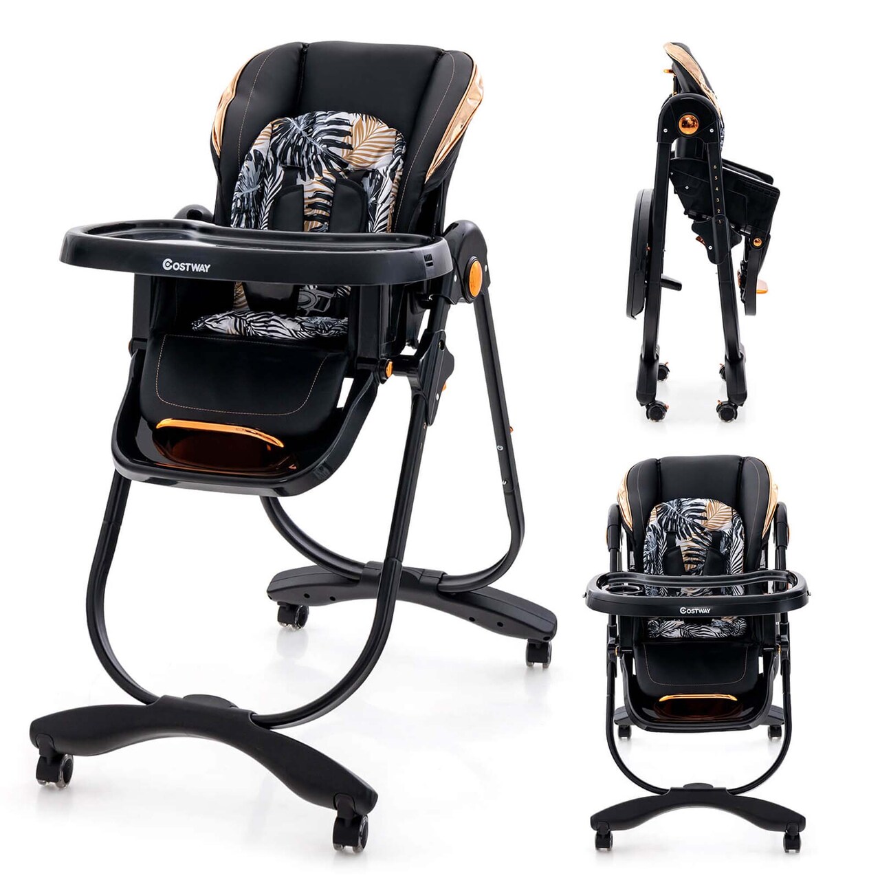 Costway Baby High Chair with Wheel Folding Baby Dining Chair Adjustable Height & Recline Grey/Black